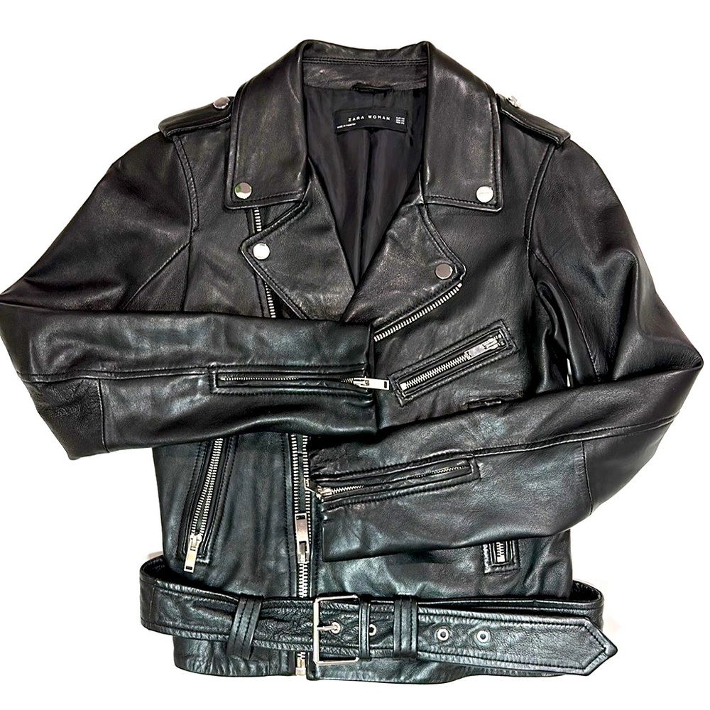 Zara Woman Genuine Leather Jacket in Black XS